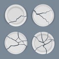 Crack plates. Realistic damaged dishware table wrek kitchen utensil decent vector templates of broken plates top view Royalty Free Stock Photo