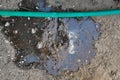 Crack in the watering hose. Damaged hose Royalty Free Stock Photo