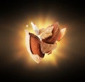 A cracked almond with a flash of light in the dark Royalty Free Stock Photo