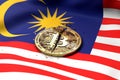 Cracked Bitcoin coin on Malaysian flag. Bad Bitcoin condition in Malaysia concept. 3D Rendering