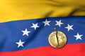 Cracked Bitcoin coin on Venezuelan flag. Bad Bitcoin condition in Venezuela concept. 3D Rendering