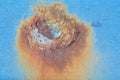 The metal surface is damaged by rust with cracked blue paint. old rusty metal with a lot of cracks and a paint Royalty Free Stock Photo