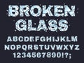 Cracked broken font, smashed letters and numbers. Glitch broken alphabet, crushed glass letters flat vector illustration set. Royalty Free Stock Photo