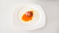 Cracked brown egg with yolk on white plate Royalty Free Stock Photo