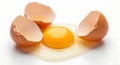 Broken egg with yolk and white splattered on white background Royalty Free Stock Photo