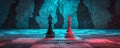 On a cracked checkerboard, two kings from a chess set confront each other, set against a dramatic backdrop of red and blue Royalty Free Stock Photo