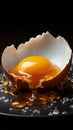 Cracked chicken egg carefully arranged on a dark plate, a symbol of fragility