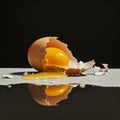 Cracked chicken egg on dark moist background. Royalty Free Stock Photo