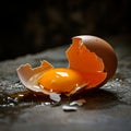 Cracked chicken egg on dark moist background. Royalty Free Stock Photo