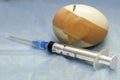 a cracked chicken egg sealed with a medical plaster next to a syringe concept vaccination immunization medical care