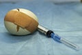 a cracked chicken egg sealed with a medical plaster next to a syringe concept vaccination immunization medical care