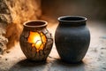 Cracked clay pot glowing with light beside dark pottery vessel in rustic setting Royalty Free Stock Photo