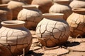 cracked clay pot in a lineup of intact pots Royalty Free Stock Photo