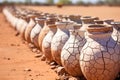 cracked clay pot in a lineup of intact pots Royalty Free Stock Photo