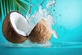Cracked coconut with water splash, summer tropical concept.