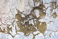 Cracked and distressed painted surface on the side of a building or wall. Concrete or cement texture with aged paint peeling off