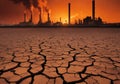 Cracked dried earth with industry pollution at sunset background. Royalty Free Stock Photo