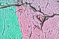 cracked dry earth is painted in a pink-mint gradient,