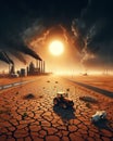 Cracked earth arid burned soil desert, climate change global warming, rusty tractor, bones, drought,