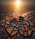Cracked earth arid burned soil desert, climate change global warming, rusty tractor, bones, drought, Royalty Free Stock Photo