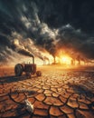 Cracked earth arid burned soil desert, climate change global warming, rusty tractor, bones, drought, Royalty Free Stock Photo