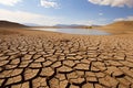 Cracked earth with dried up lake in background. Global warming and water scarcity concept Royalty Free Stock Photo