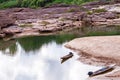 Cracked earth near drying water on twilight at at Sam Pan Bok in Mekong river Royalty Free Stock Photo