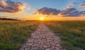 Cracked earth pathway leading to sunset over grassy field with dramatic clouds Royalty Free Stock Photo