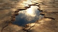 Cracked Earth With Reflecting Sky Puddle Royalty Free Stock Photo
