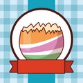 Cracked easter egg colorful  checkered background round frame ribbon banner Royalty Free Stock Photo