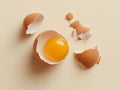 cracked egg with bright yellow yolk sits in its shell, surrounded by pieces of eggshell on light background, evoking sense of Royalty Free Stock Photo