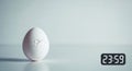 Cracked egg with digital clock displaying 23:59 on minimalist background Royalty Free Stock Photo