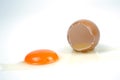 Cracked egg, eggshell with yolk isolated on white background Royalty Free Stock Photo