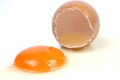 Cracked egg, eggshell with yolk isolated on white background Royalty Free Stock Photo