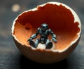 Cracked egg with a miniature toy robot sitting inside the shell Royalty Free Stock Photo