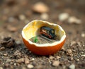 Cracked egg with a miniature train track and toy train inside Royalty Free Stock Photo