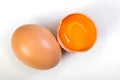 Cracked egg with egg shell, egg yolk and egg white on white background. Top view Royalty Free Stock Photo