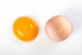 Cracked egg with egg shell, egg yolk and egg white on white background. Top view Royalty Free Stock Photo