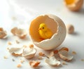 A cracked egg with a tiny astronaut figure standing inside the yolk on a ceramic plate Royalty Free Stock Photo