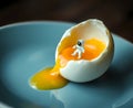 A cracked egg with a tiny astronaut figure standing inside the yolk on a ceramic plate Royalty Free Stock Photo