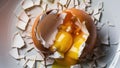A cracked egg on a white plate with broken shell, AI Royalty Free Stock Photo