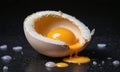 A cracked egg yolk spills onto a black surface, surrounded by bits of eggshell Royalty Free Stock Photo