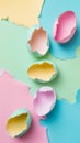 Cracked eggs in pastel colors on minimalist ripped paper background. Modern Easter concept. For banner, poster, greetings card,