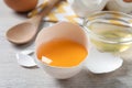 Cracked eggshell with raw yolk on white wooden table, closeup Royalty Free Stock Photo