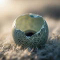 A cracked eggshell rests on a bed of soft, downy feathers. The eggshell is pale blue with dark Royalty Free Stock Photo