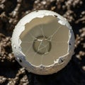 A cracked, empty eggshell is shown lying on a rough, muddy surface. The shell is broken unevenly, Royalty Free Stock Photo