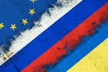 Cracked European Union, Russia, and Ukraine flags. International political relations. gas conflicts. Political Economic