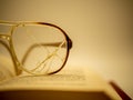 Cracked eyeglasses resting on a open book vintage look Royalty Free Stock Photo