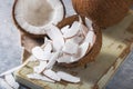 Cracked fresh coconut and slice nut on concrete background, space for text Food ingredients, healthy lifestyle, paradise concept