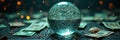 Cracked glass sphere with illuminated center surrounded by dollar bills and twinkling lights Royalty Free Stock Photo
